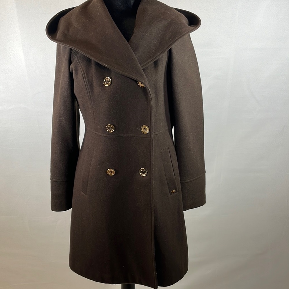 MICHAEL Michael Kors Chocolate Pea Coat with Gold Accents